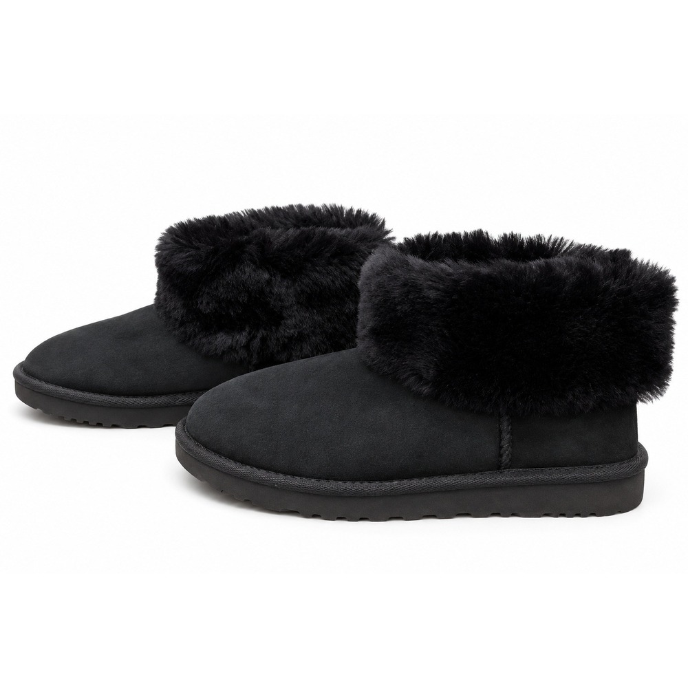 UGG Classic Mini Fluff Black Suede Sheepskin Ankle Boots Womens Size 8